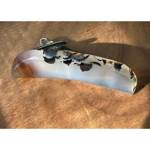 Vintage MONTANA MOSS AGATE Tie Clip Crescent Shaped Yellowstone River Chalcedony - Picture 13 of 16